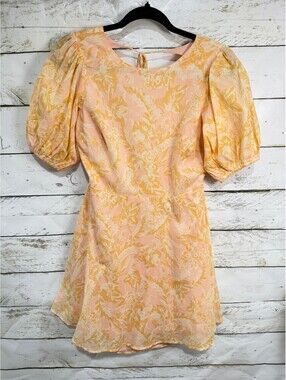 Olivaceous Floral Open Back Puff Sleeve Mini Dress Orange/Pink NWT Size Small
